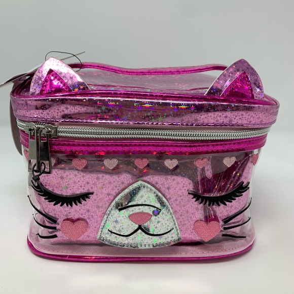 Under One Sky Mia Cat Face Print Train Case in Pink Sparkle - Picture 2 of 8